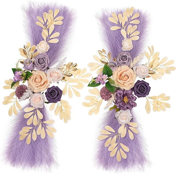 Wedding Arch Flowers, Artificial Floral Decor for Wedding Ceremony & Reception, Standard Size Large Flower Swag Set for Backdrop & Welcome Sign, Pack of 2 (Purple Pampas)