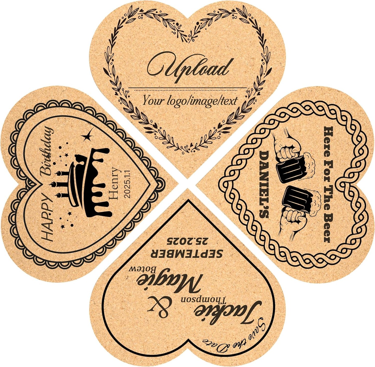 30-100Pcs Personalized Heart Shaped Cork Coasters, Custom Wedding Favors with Laser Engraved Text Name Logo, Non-Slip, Heat-Resistant, Custom Guest Souvenirs,Bridal Shower,Housewarming Gifts Bulk