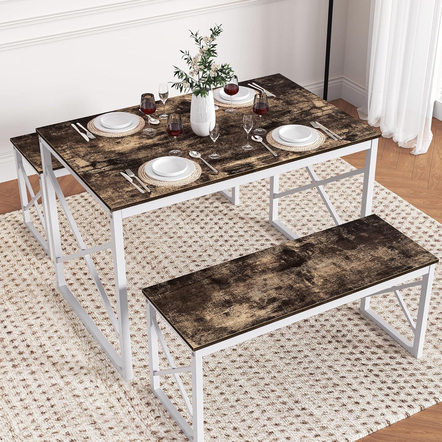VECELO Kitchen Table with 2 Benches for 4, 43.3'' Wood Dining Room Dinette Sets with Metal Frame for Breakfast Nook and Small Space, Dark Brown