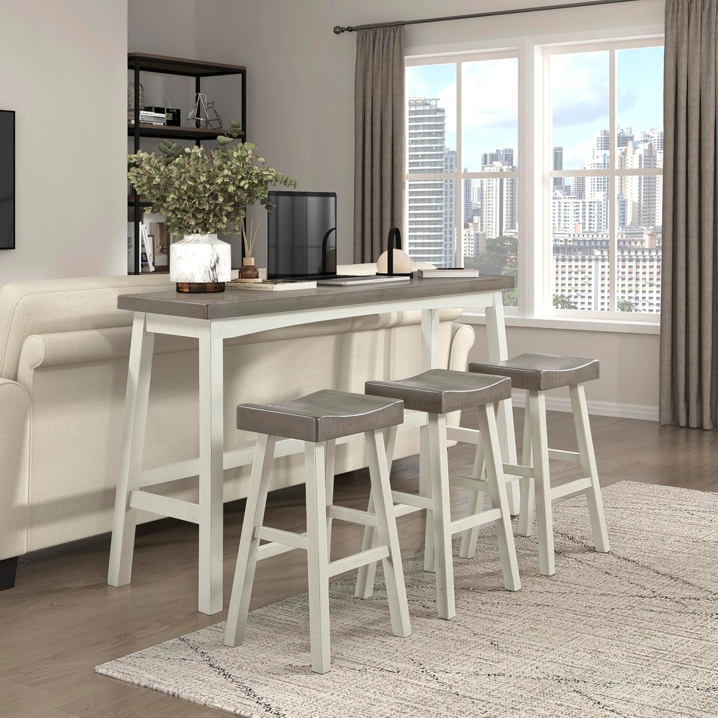 Lexicon Bar Table Set for 3, Small Kitchen Table Set Kitchen Island Table with 3 Saddle Bar Stools, 4 Piece Dining Table Set for Breakfast Nook, Living Room, Apartment, Pub Height, White/Coffee