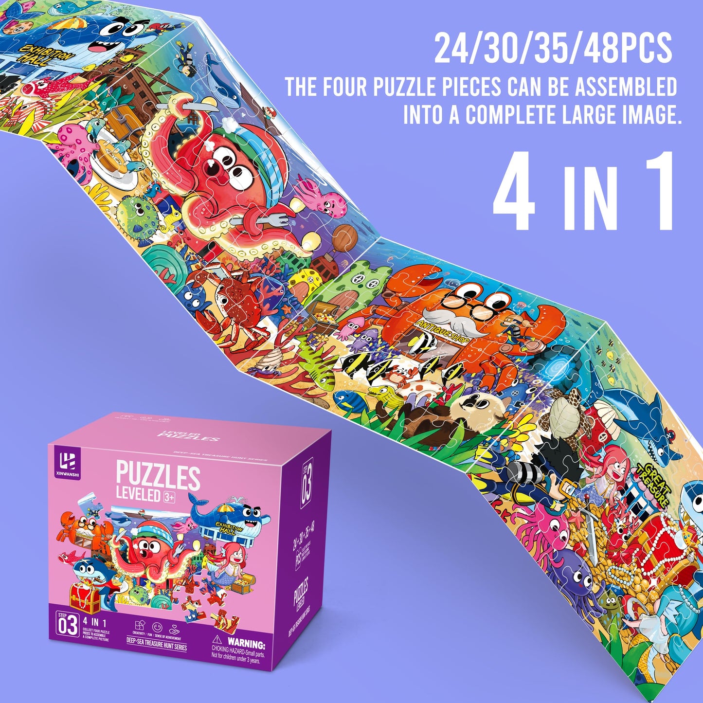 Underwater Ocean Puzzles for Kids Ages 3-8，4 Pack Progressive Jigsaw Puzzles (24/30/35/48 Pieces) for Toddlers & Children，Educational Floor Puzzles for Gifts