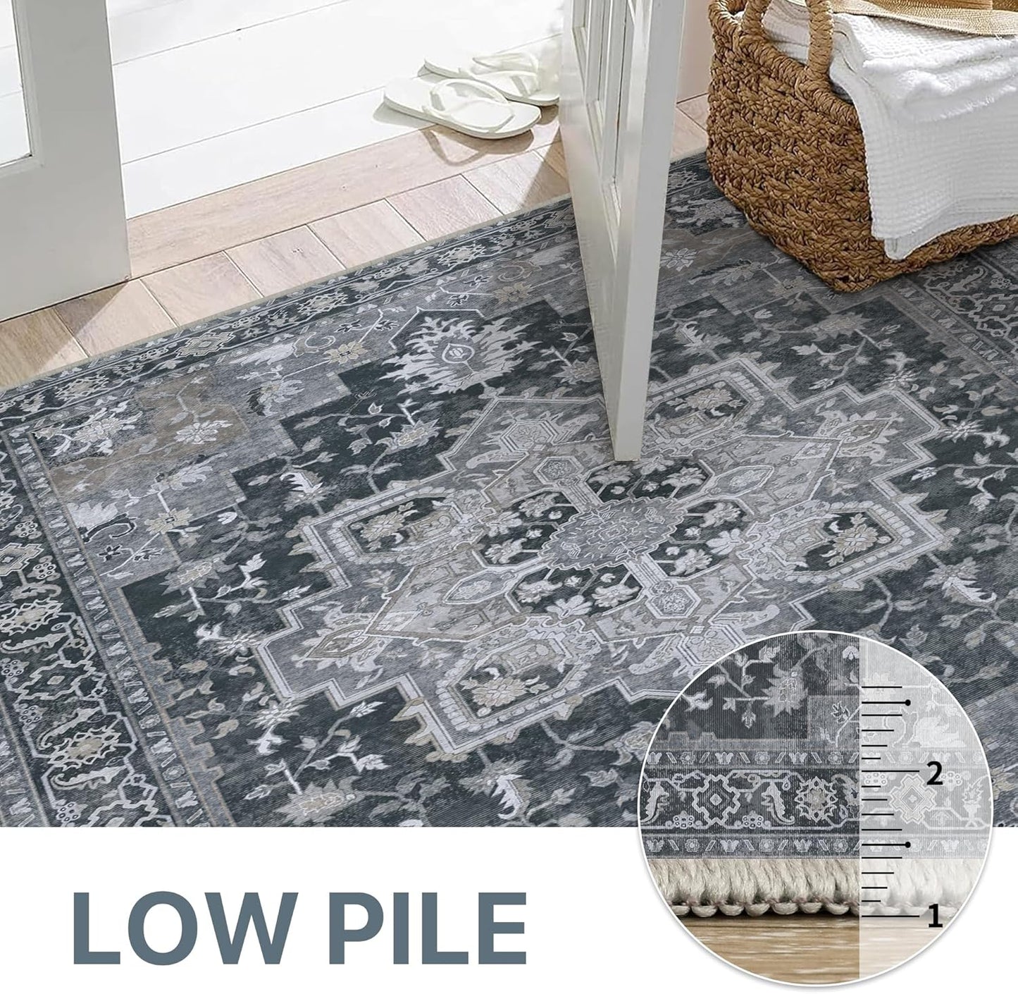 GENIMO 5x7 Area Rugs for Living Room, Machine Washable Non Slip Vintage Rugs, Low Pile Lightweight Chenille Print Rug for Bedroom, Dining Room, Home Office,Dark Gray
