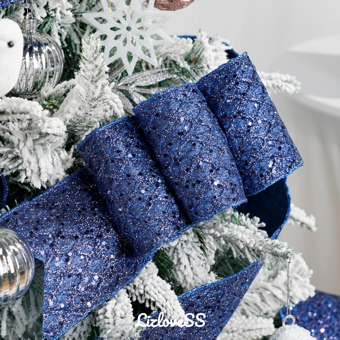 LIZLOVESS Navy Blue Christmas Ribbon 4" Glitter Mesh Wired Ribbon for Christmas Tree Blue Diamond Honeycomb Ribbon for Gift Wrapping, Crafts, Wreath Supplies, Garland, Tree Topper Bows - 10 Yards