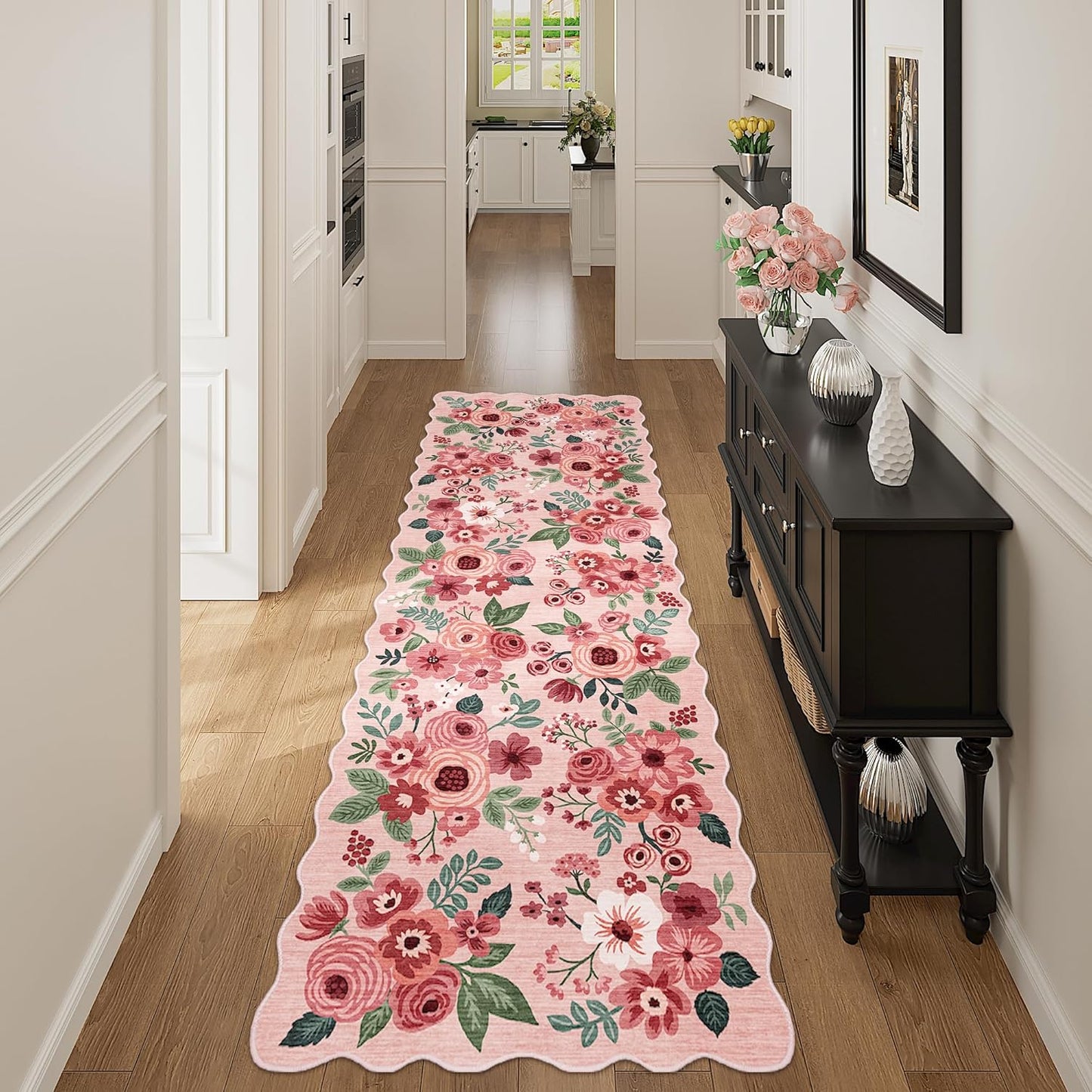 DUKINO 2x10 Runner Rug for Hallway, Washable Kitchen Rug with Non Slip Backing & Non-Shediing, Soft Low Pile Floral Design Runner for Bedroom, Kithchen, Living Room, Laundry, Bathroom, Pink
