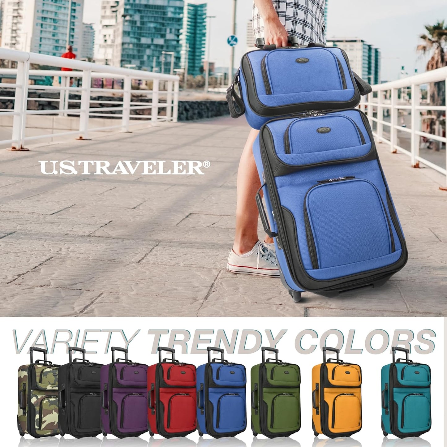 U.S. Traveler Rio Softside Expandable Carry-on Rolling Luggage, Royal Blue, 2 Wheel Set