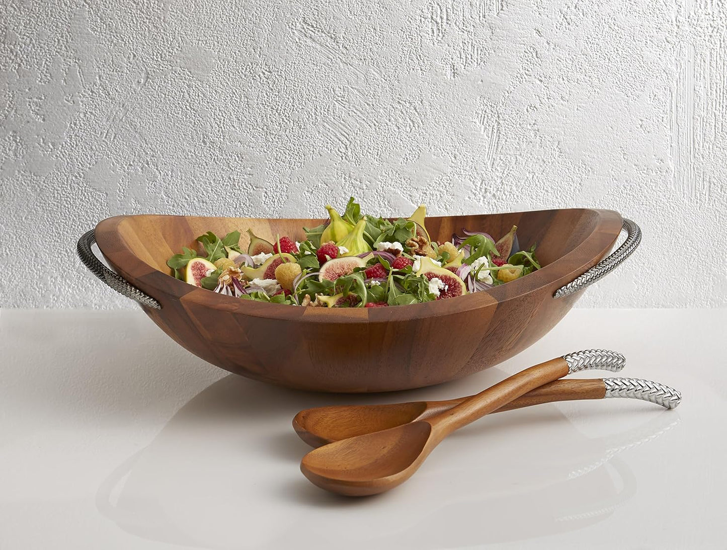 Nambe Braid Salad Bowl with Servers - Acacia Wood Bowl with Chrome Handles - 16" Large Serving Dish with 12” Serving Utensils for Entertaining & Dining, Durable & Stylish - Designed by Sean O’Hara