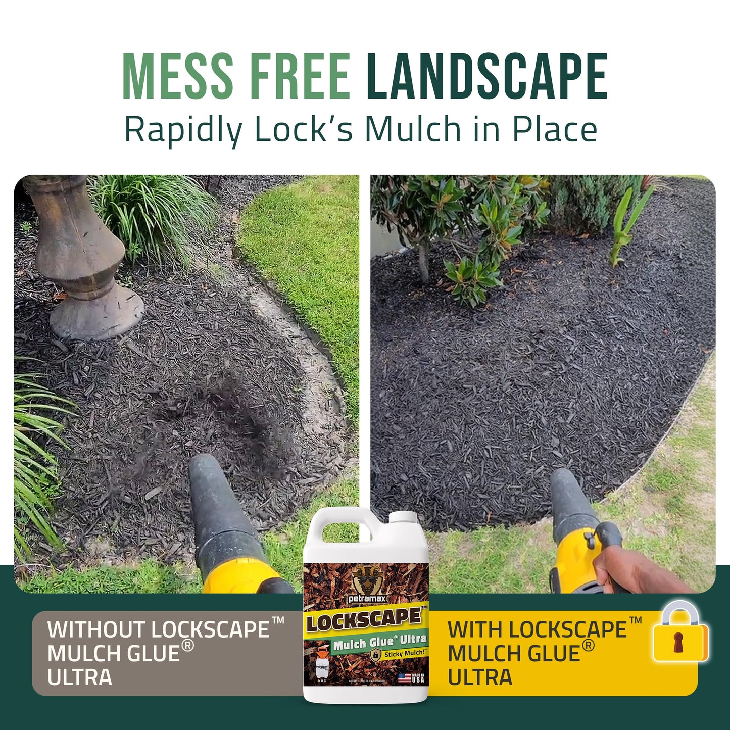 Lockscape Mulch Glue for Landscaping Ultra Concentrated (64 Ounce) - Lasts Up to 2 Years, Non-Toxic, Concentrated Landscape Binder - Strong Mulch and Pine Straw Glue for Landscaping, Pine Straw & More