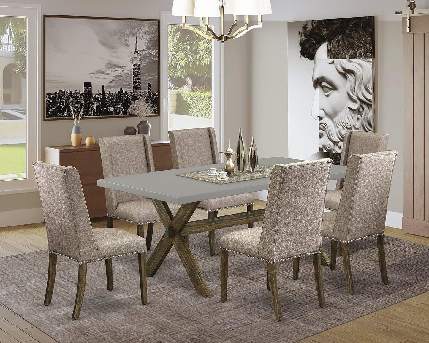 East West Furniture X797FL716-7 7 Piece Dining Table Set Consist of a Rectangle Kitchen Table with X-Legs and 6 Dark Khaki Linen Fabric Upholstered Chairs, 40x72 Inch, Multi-Color
