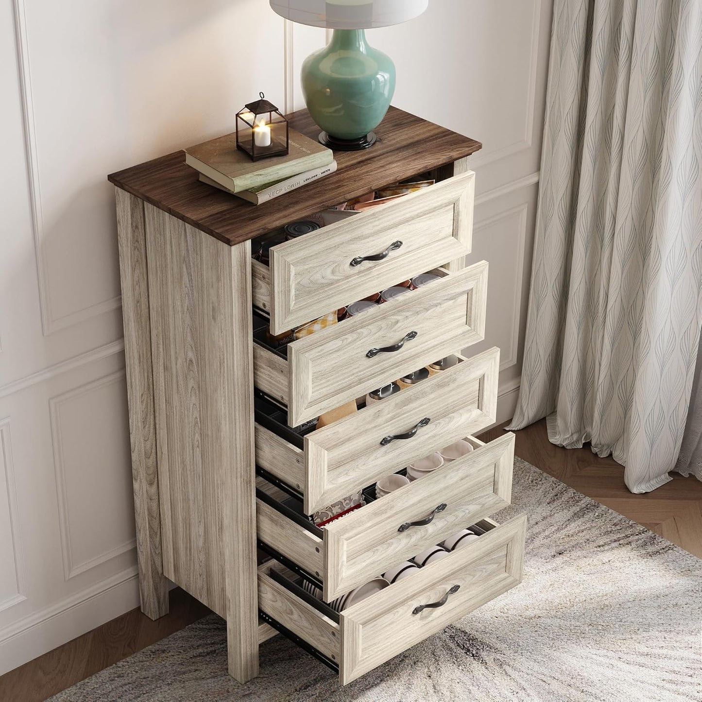 LINSY HOME Tall Dresser for Bedroom with 5 Drawers, 45" Tall Dressers & Chests of Drawers, Modern Farmhouse Large Vertical Dresser with Wood Legs for Bedroom, Closet, Living Room, Hallway, Beige