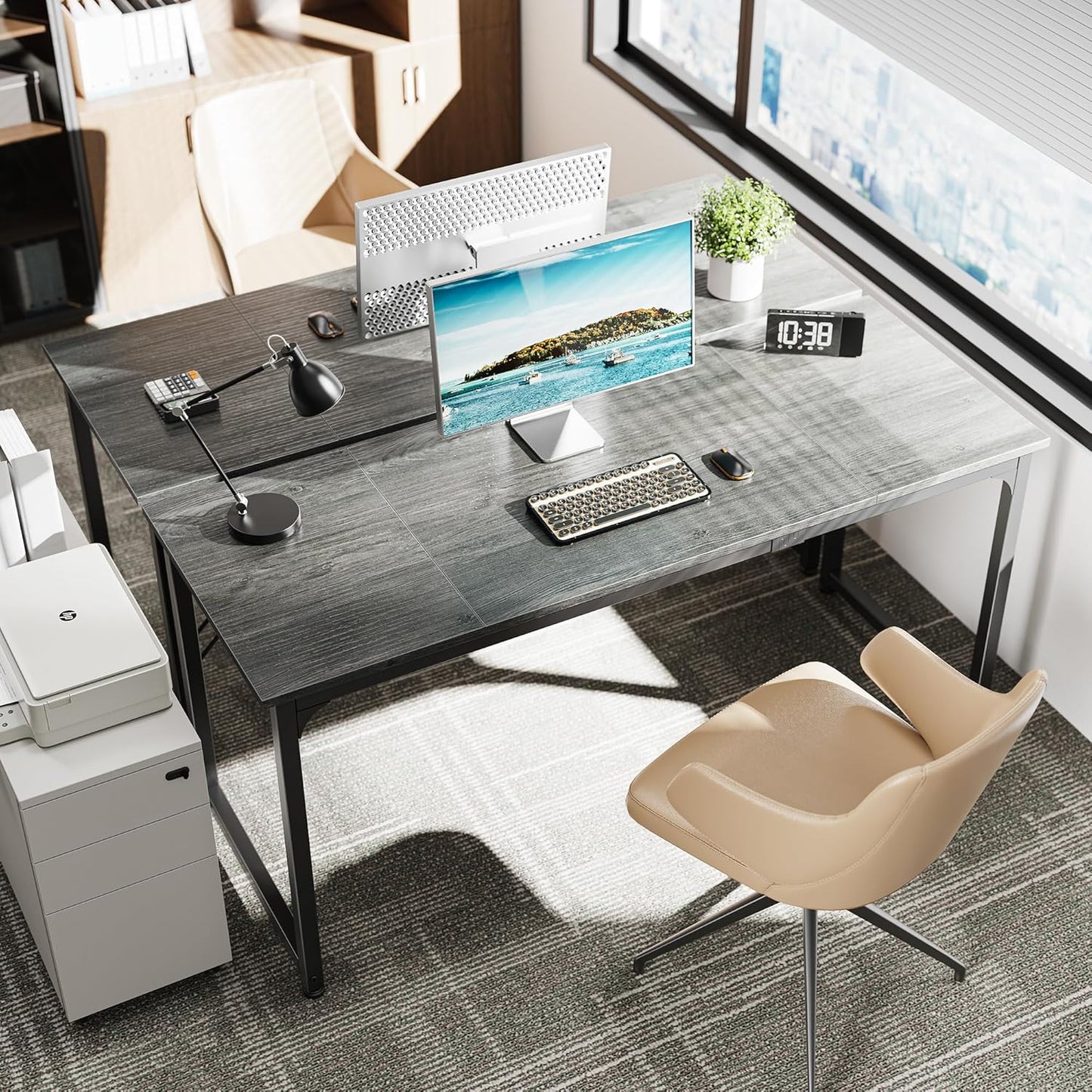Huuger Computer Gaming Desk, 63 Inch Office Desk With Storage, Writing Work Surface for Home Office, Study, Modern Simple Style, Large Legroom, Metal Frame, Grey