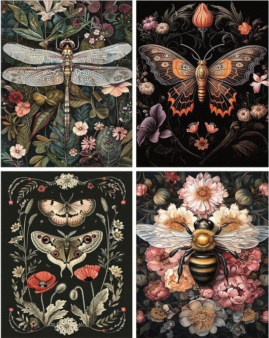 4 Pack Stamped Cross Stitch Kits for Adults - Cross Stitch Kits for Beginners,11 CT Insect Flowers Cross Stitch Patterns Dimensions DIY Counted Cross Stitch Kits for Adults Arts Craft 12x16 inch