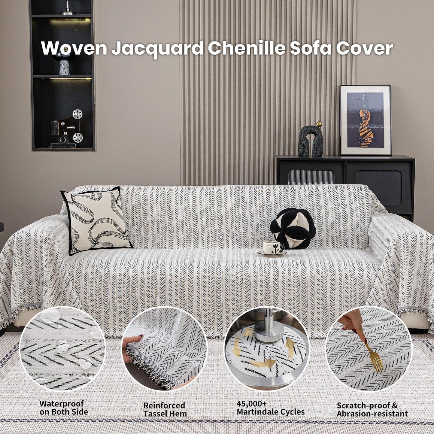 Nobildonna Sofa Cover Washable Soft Thicken Chenille Couch Cover with Tassel,Waterproof Sofa Slipcover for 3-4 Cushion Couch,Sectional Sofa,L-Shaped Furniture Protector Pet-Friendly,Beige 91"x134"