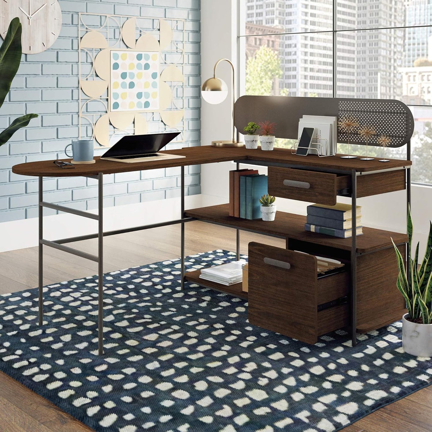 Sauder Radial Modern Metal and Wood L-Shaped Desk, Umber Wood Finish