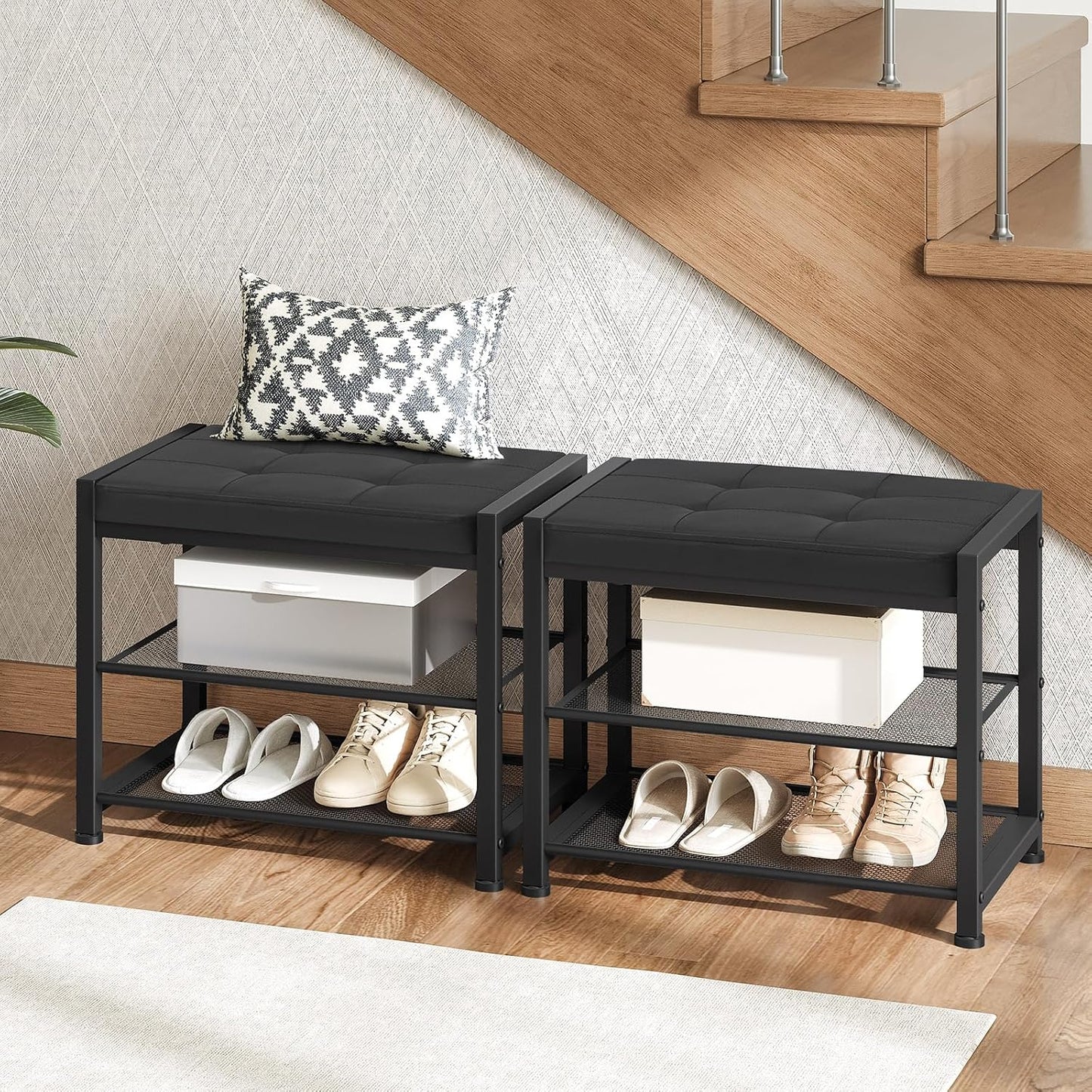 HOOBRO Small Shoe Bench, 3-Tier Shoe Rack, Shoe Storage Bench with PU Seat Cushion, Entryway Shoe Rack Bench with Metal Mesh Shelves, Freestanding Shoe Organizer for Hallway, Black BB33HX01