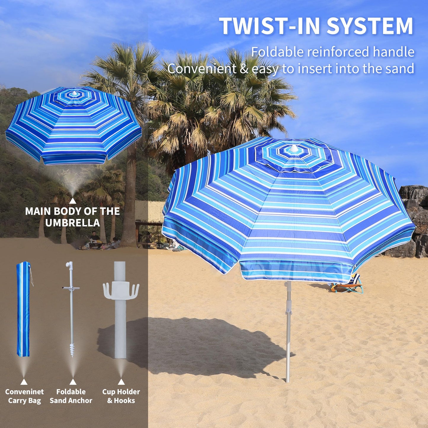 LANMOUNTAIN 8ft Large Beach Umbrella,Heavy Duty Wind Resistant Portable Sun Shade w/Tilt Pole&Sand Anchor,Shoulder Carry Bag,UV 50+ Protection,Air Vents Design for Patio Garden Pool(Blue Stripe)