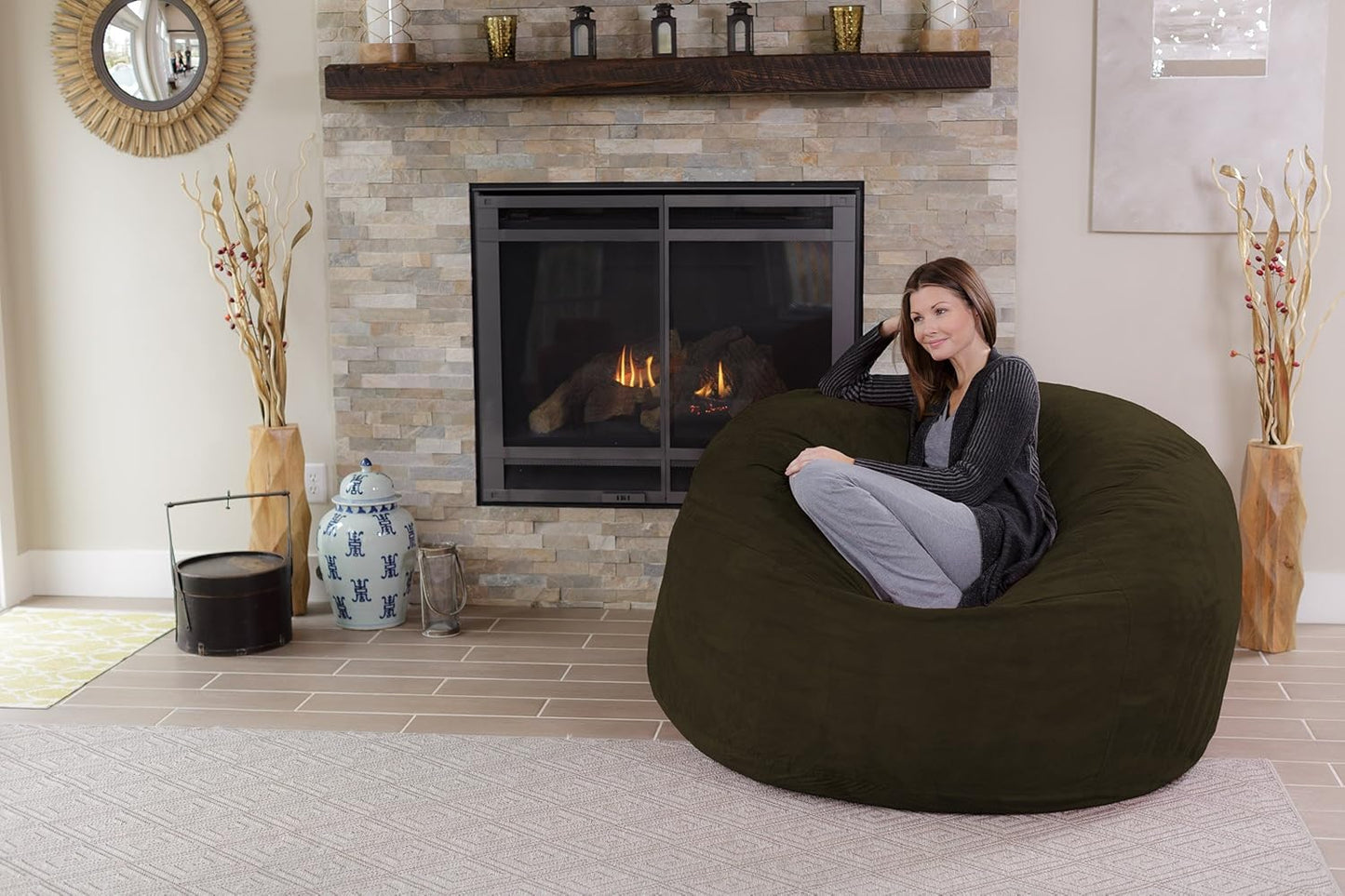Chill Sack Bean Bag Chair - 5' Giant Memory Foam Lounge Chair with Soft Microfiber Cover – Cozy Furniture for Living Room, Dorm, & Kids' Rooms – Comfortable 5 Ft, Microsuede Lounge Sofa, Olive
