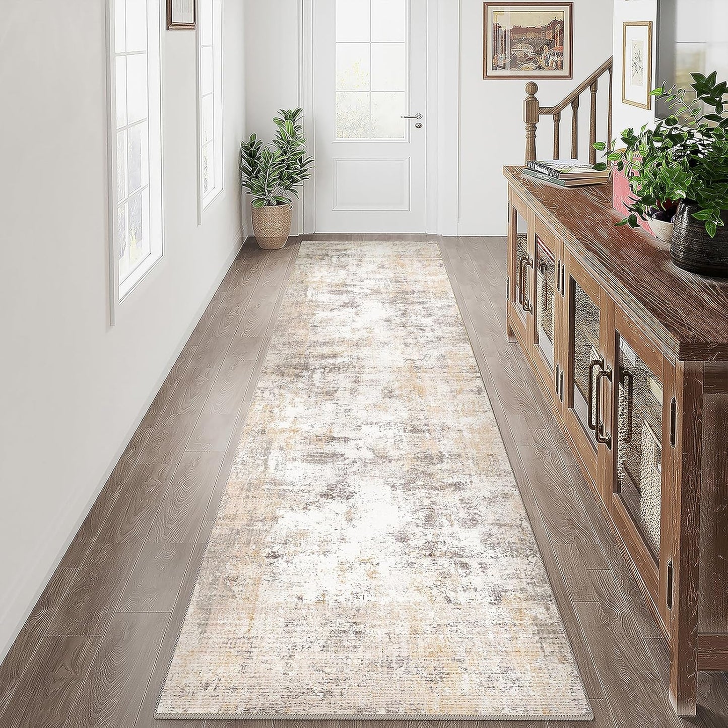 2x10 Washable Runner Rug Beige Grey Neutral Abstract Hallway Kitchen Living Room Bedroom Non Slip Throw Rug Soft Low Pile Indoor Carpet for Entrance Laundry Bathroom