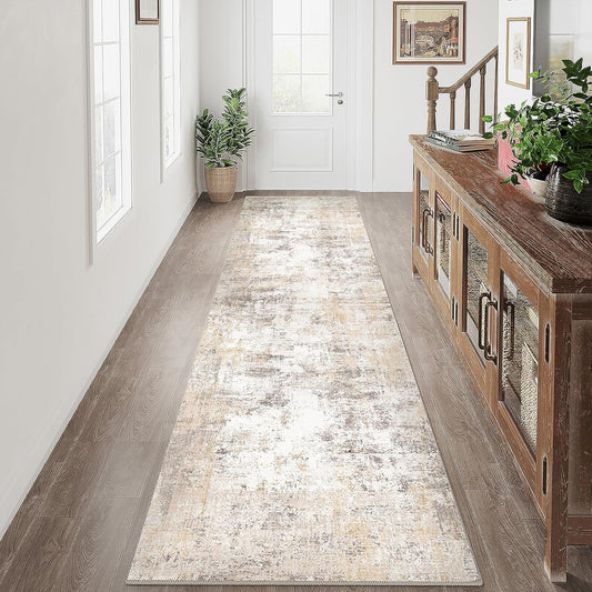 2x10 Washable Runner Rug Beige Grey Neutral Abstract Hallway Kitchen Living Room Bedroom Non Slip Throw Rug Soft Low Pile Indoor Carpet for Entrance Laundry Bathroom