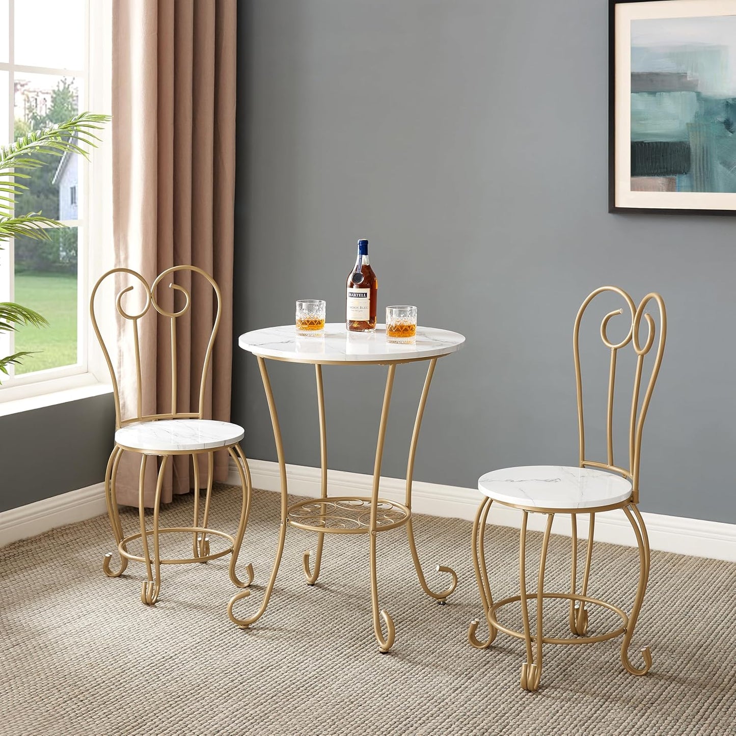 JOIN IRON 2-Piece Bistro Dining Set for Indoor Use, Marble-Look Tabletop with Gold Metal Frame, Vintage French Café Style Round Table and Chairs for Kitchen, Breakfast Nook, Small Apartment (Gold)