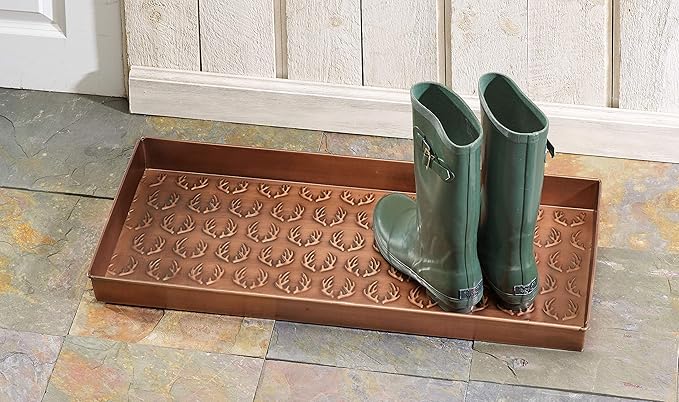HF by LT Antlers Pattern Metal Boot-Tray, 30 x 13 inches, Antique Copper Finish