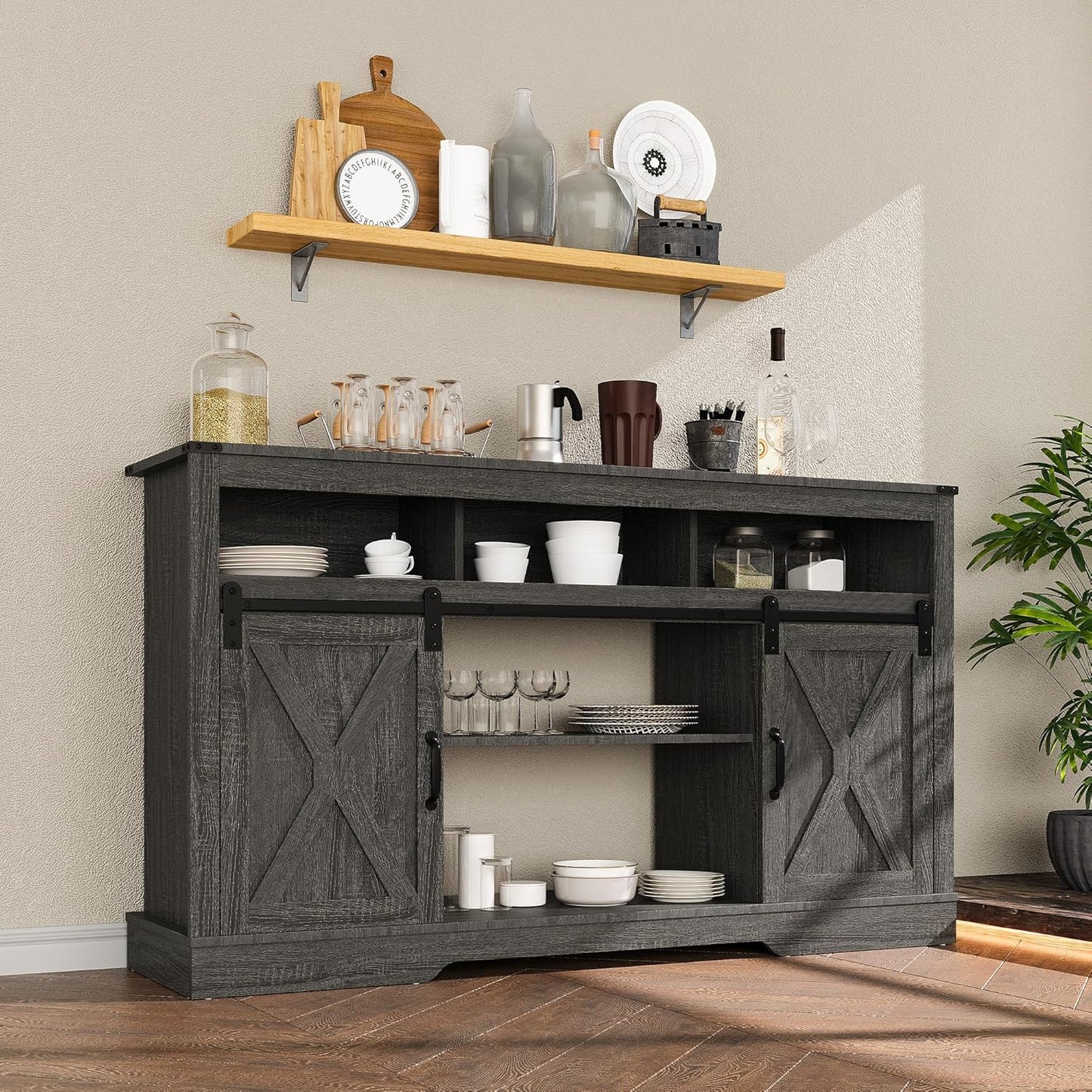 RoyalCraft Farmhouse TV Stand for 23" Fireplace, 34'' Tall Entertainment Center for 65+ Inch TV, 34" Tall Rustic TV Console with Sliding Bar Door for Living Room, Dark Grey