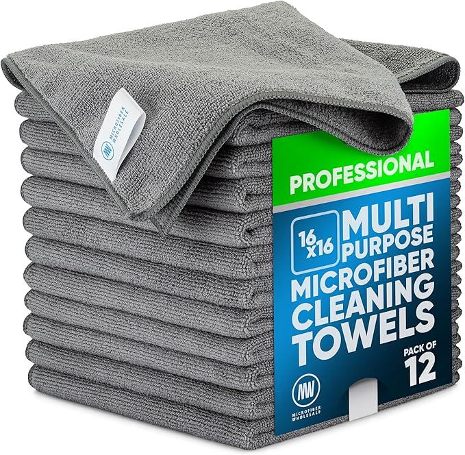 MW Pro Microfiber Cleaning Cloths (12 Pack) | Size 16" x 16"| All Purpose Microfiber Towels - Clean, Dust, Polish, Scrub, Absorbent (Gray)