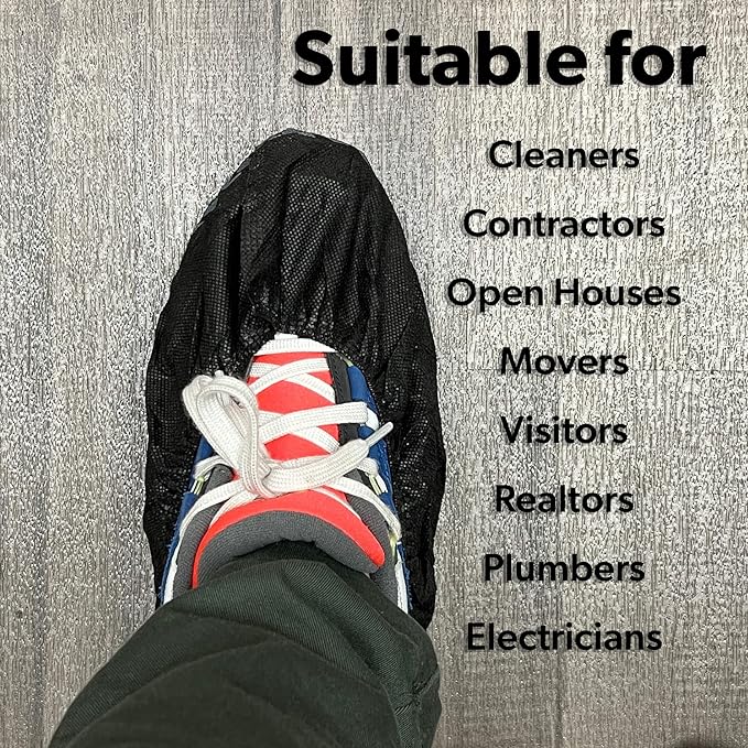 100 Pack Extra Large Black Shoe Covers Disposable. Non Slip Indoor Reusable Boot Covers. Booties with Non Skid Treads. Fits US Men's Size 14 and Women's 16
