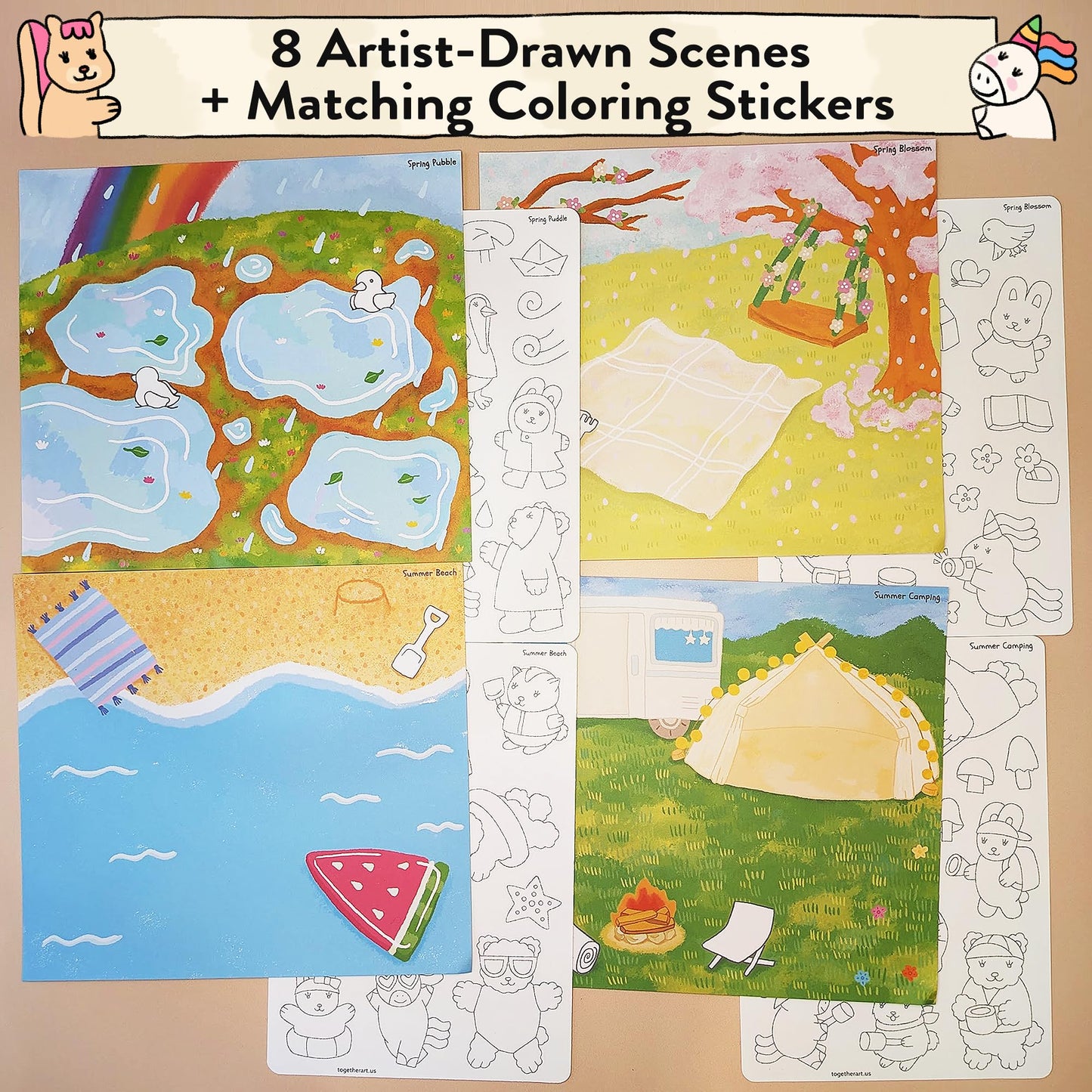 Together Art Seasonal Splendor: Color Your Own Stickers Storytelling Kit - 4 Seasons in 1 DIY Craft for Kids Ages 3+ (Camping, Beach, Christmas) - Road Trip Travel Activities & Homeschool Art Supplies