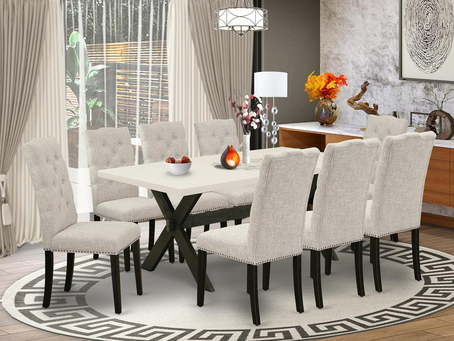 East West Furniture X627EL635-9 9 Piece Dining Room Table Set Includes a Rectangle Dining Table with X-Legs and 8 Doeskin Linen Fabric Upholstered Parson Chairs, 40x72 Inch, Multi-Color