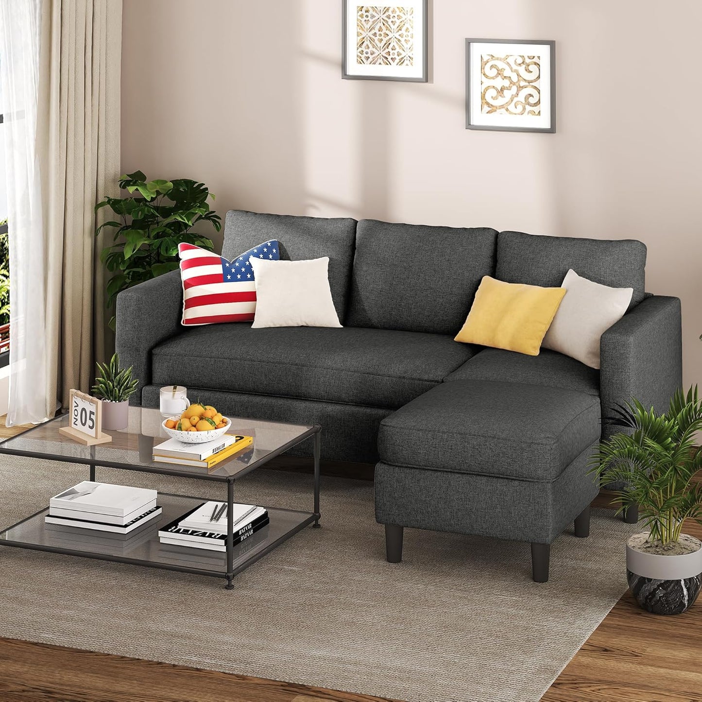 Small Sectional Sofa Couch, 3 Seat L Shaped Couches with Ottoman, Upholstered Fabric Convertible Sofa, Small Couch for Apartments, Living Room and Office (Black)