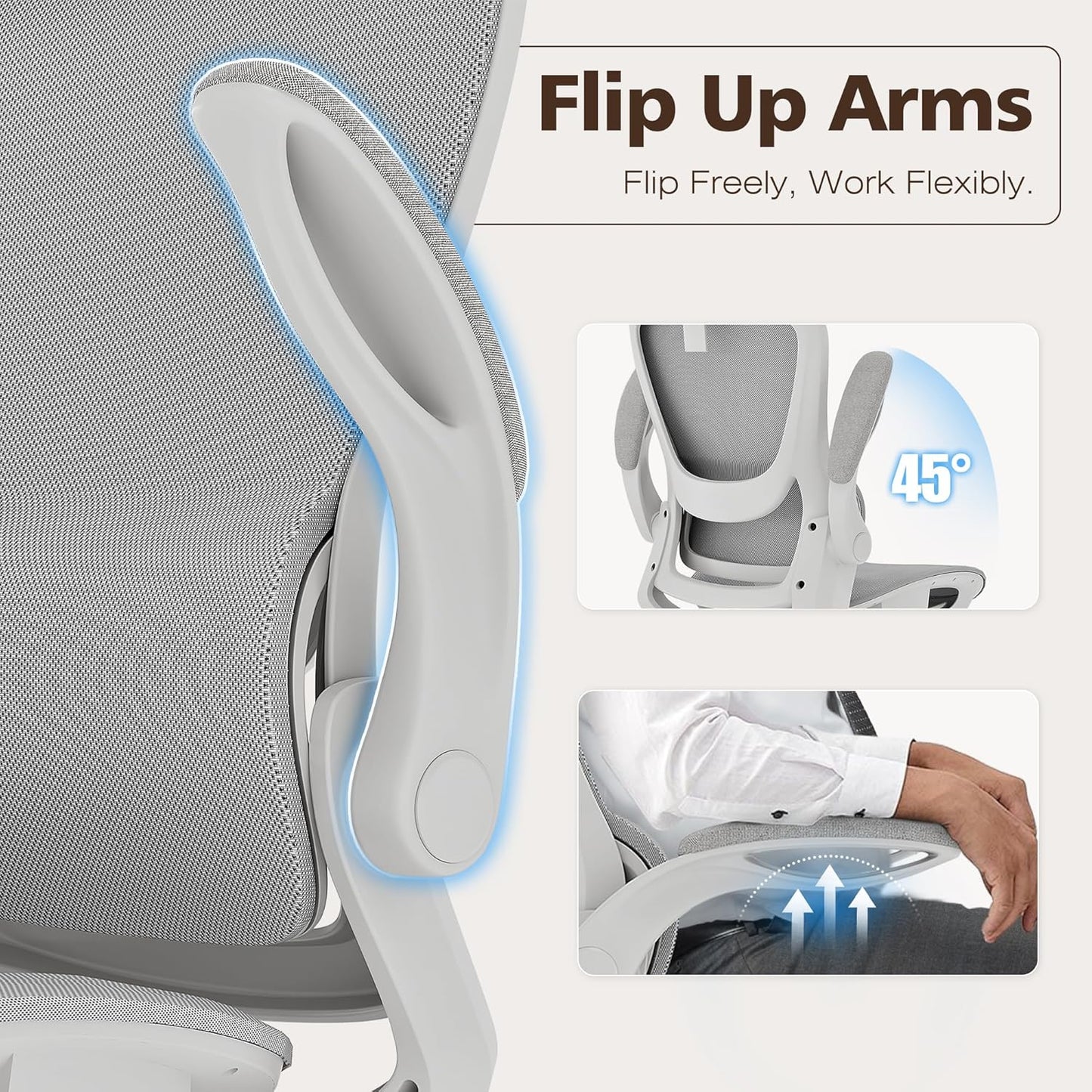 GABRYLLY Ergonomic Mesh Office Chair- White Desk Chair, Flip-Up Armrest, Adjustable Headrest, Tilting with Soft Seat and PU Wheel, Elite Home Desk Chair for Work, Study, Gaming (GY1108)
