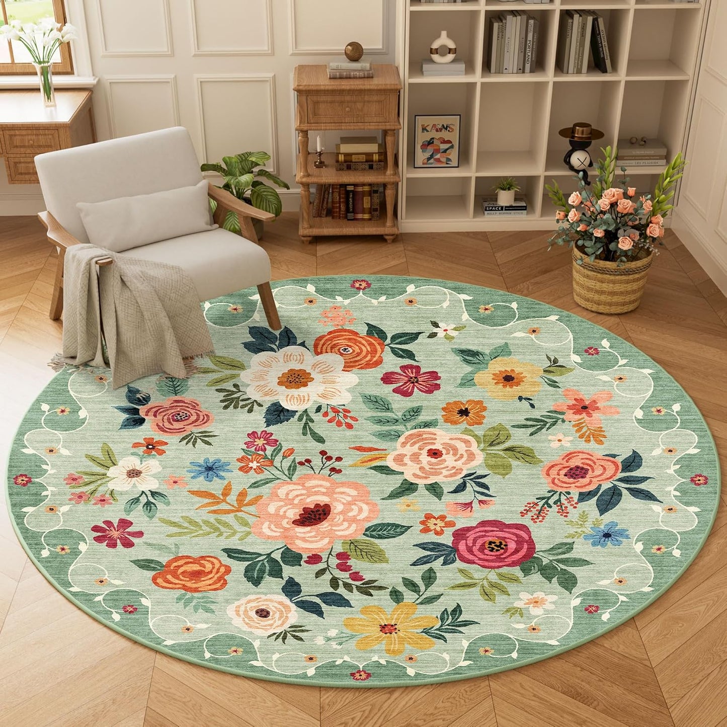 DUKINO Floral Round Rug, 6ft Washable Circle Rug, Non Slip Indoor Low Pile Circle Rug, Soft Small Boho Design Carpet for Bedroom, Entryway, Living Room, Dining Room, Green