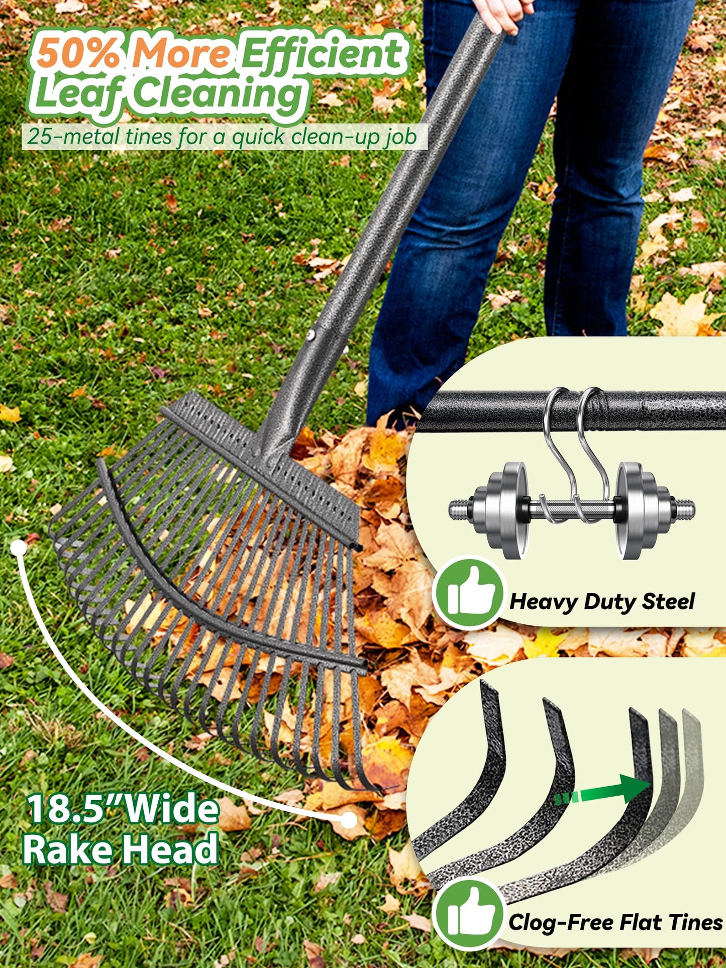 Garden Rake for Leaves Lawns, 3-in-1 Gardening Tools Set with 5 ft Metal Rake, Leaf Scoops Hand Claws, 32 Gallon Reusable Yard Waste Bag, Heavy Duty 25-Tine Rakes for Quick Pick Up, Clear n Collect