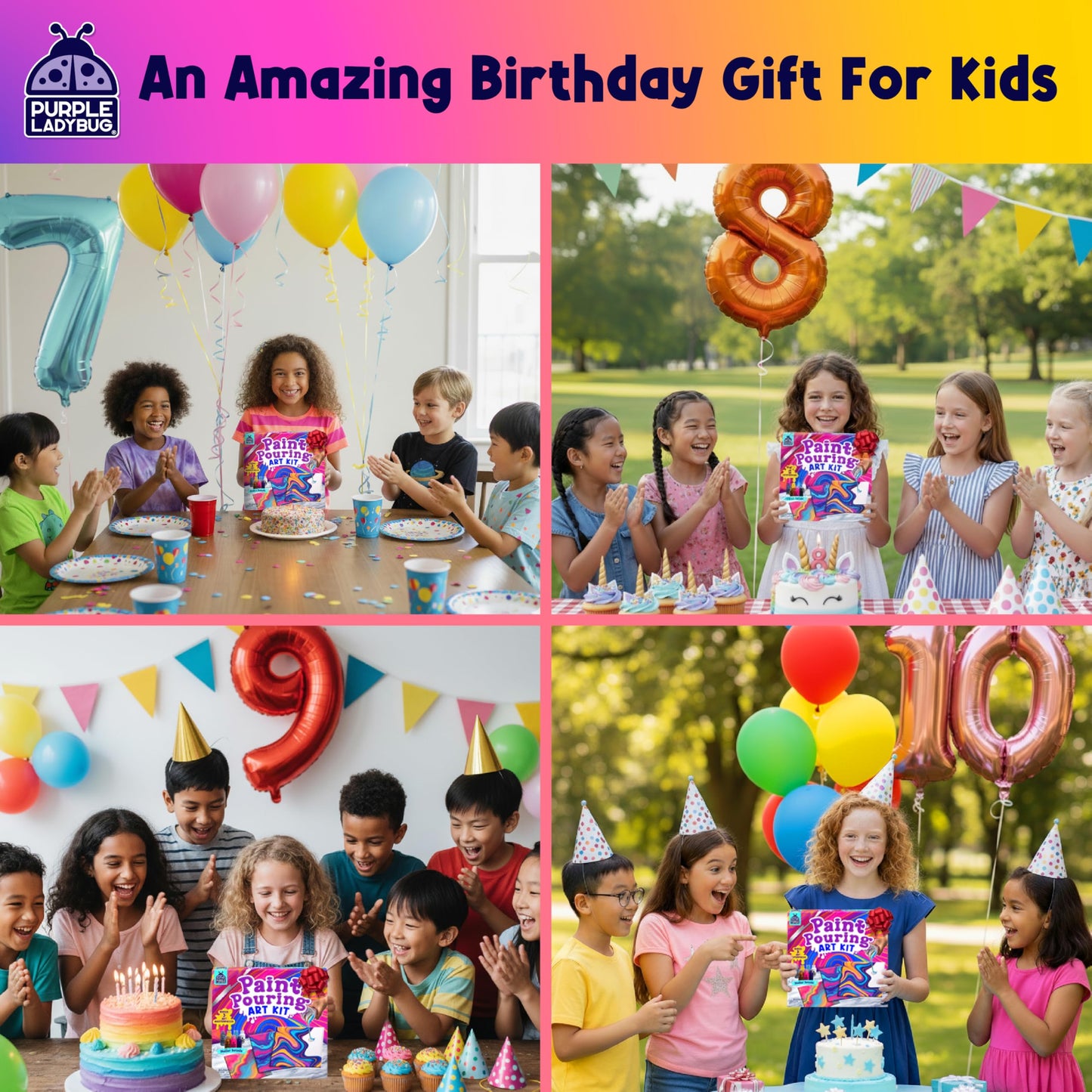 PURPLE LADYBUG Low-Mess Paint Pouring Art with Gloves & Table Cover - Washable & Non-Toxic Kids Painting Kit, Art and Crafts for Kids Ages 8-12, Birthday Gifts for 6+ Years Old, Crafts for Girls 8-12