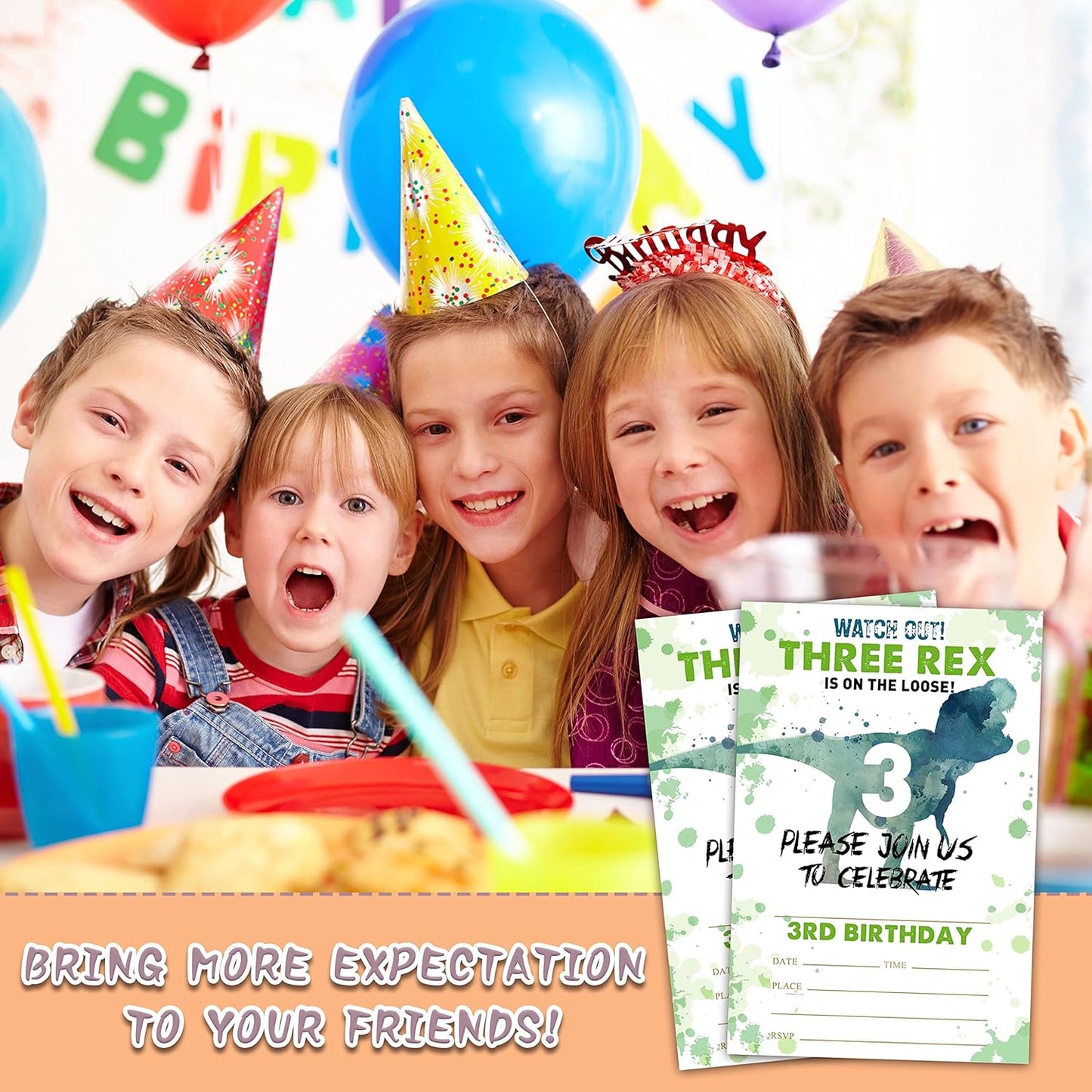 Dinosaur 3rd Birthday Party Invitations, 20-Count Dinosaur Three Rex Birthday Party Invites With Envelopes-HBYQK-B54