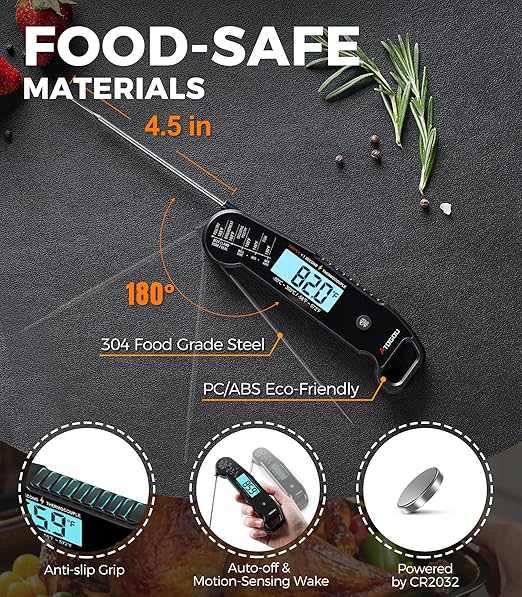 Professional Food & Meat Thermometer, 1 Sec Instant Read & ±0.5℉ Accuracy Driven by Thermocouple Sensor. IP67 Waterproof Digital Thermometer for Cooking, BBQ, Grill Gifts for Men Him Dad Birthday