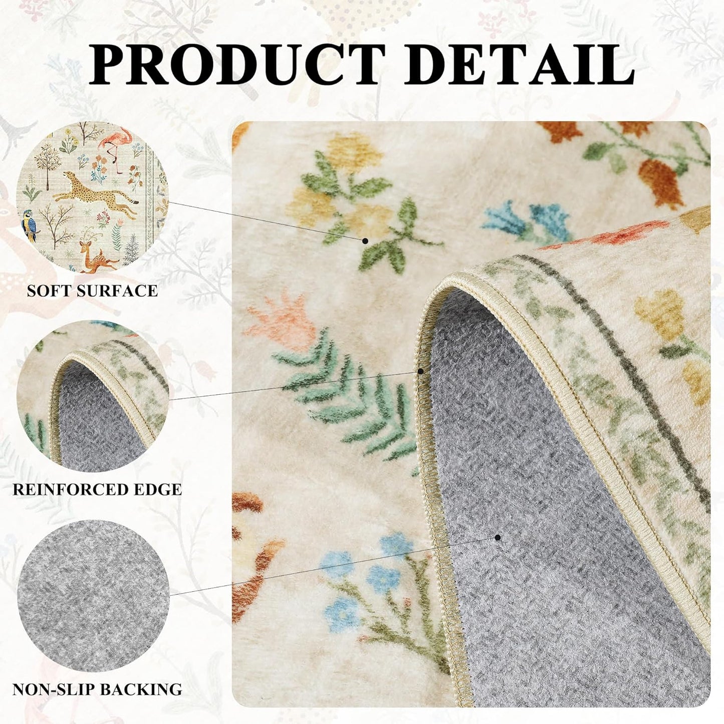 DUKINO 9x12 Rug, Washable Animal Living Room Rug with Non Slip Vintage Design, Soft Low Pile Large Carpet for Bedroom, Nursery, Dining Room, Farmhouse, Playroom, White