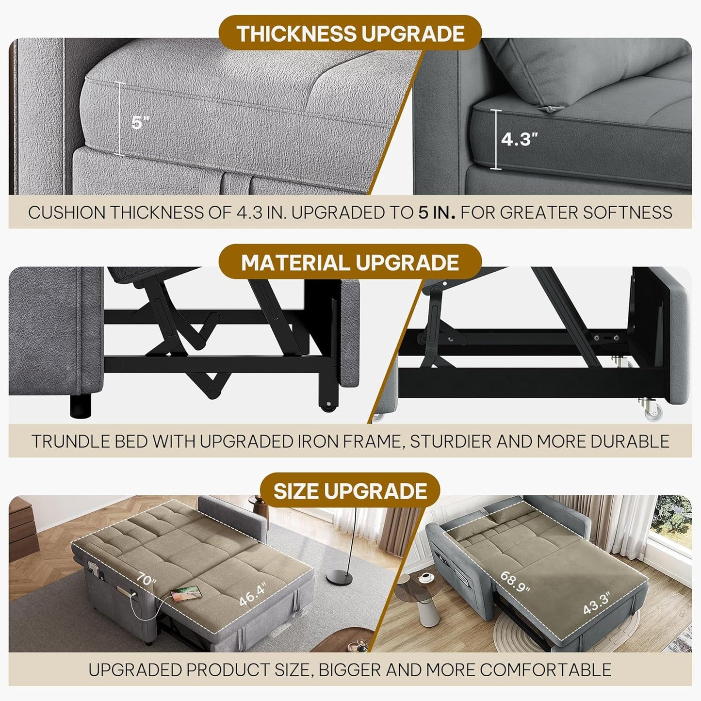 DWVO 55" Convertible Sofa Bed, 3-in-1 Sleeper Sofa with Pull-Out Couch, Velvet Futon Couch with Adjustable Backrest and USB, Modern Loveseat for Living Room Apartment, Light Grey