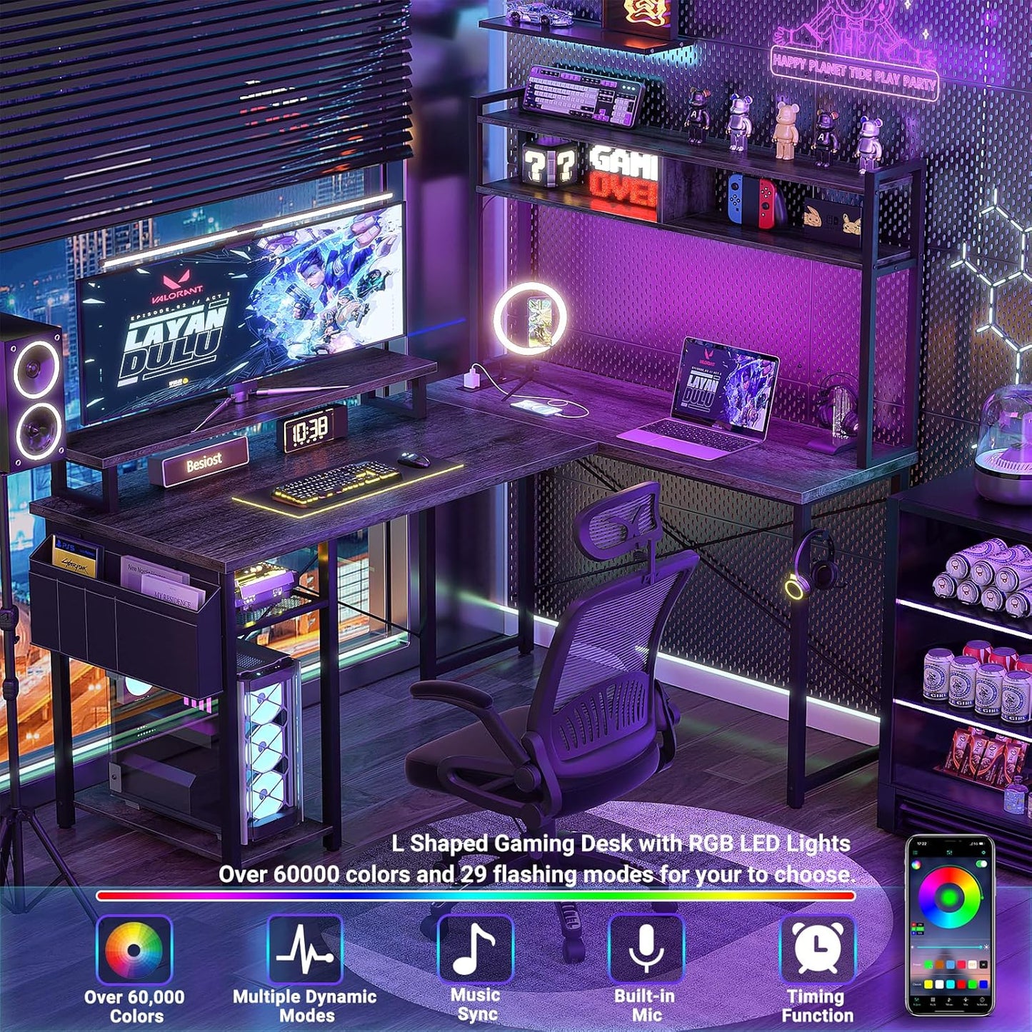 Small L Shaped Gaming Desk with Power Outlets, 48" Reversible L Shaped LED Computer Desk with Monitor Stand & Storage Shelf, Corner Gamer Desk Home Office Desk with Storage Bag, Black Oak