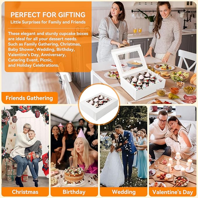 10-Set Cupcake Boxes Bulk with Clear Display Window Hold 12 Standard Cupcakes, Disposable Food Grade White Cupcake Carrier Cupcake Container, Perfect for Cupcakes Muffins Cookies Pastries