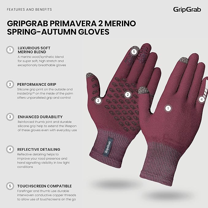 GripGrab Primavera 2 Merino Wool Spring Autumn Cycling Gloves Knitted Touchscreen Full Finger Anti Slip Bicycle Liners