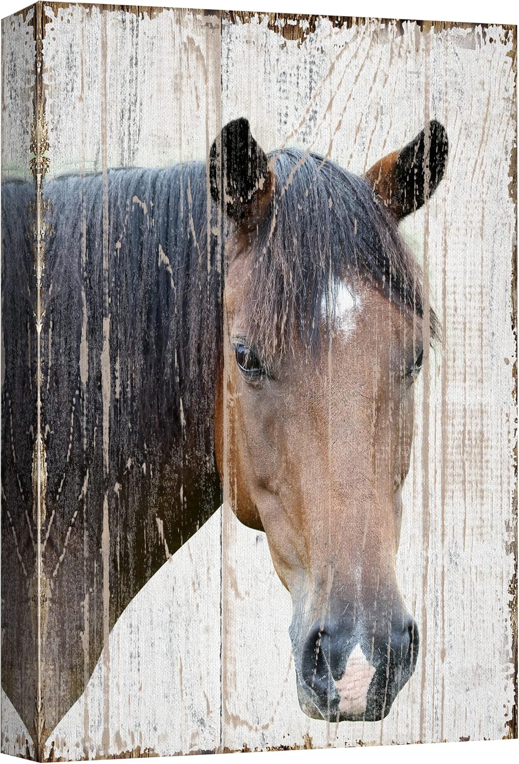 wall26 Canvas Print Wall Art Horse Portrait on Distressed Wood Panels Animals Wildlife Digital Art Realism Rustic Scenic Nature Photography Colorful for Living Room, Bedroom, Office - 16"x24"