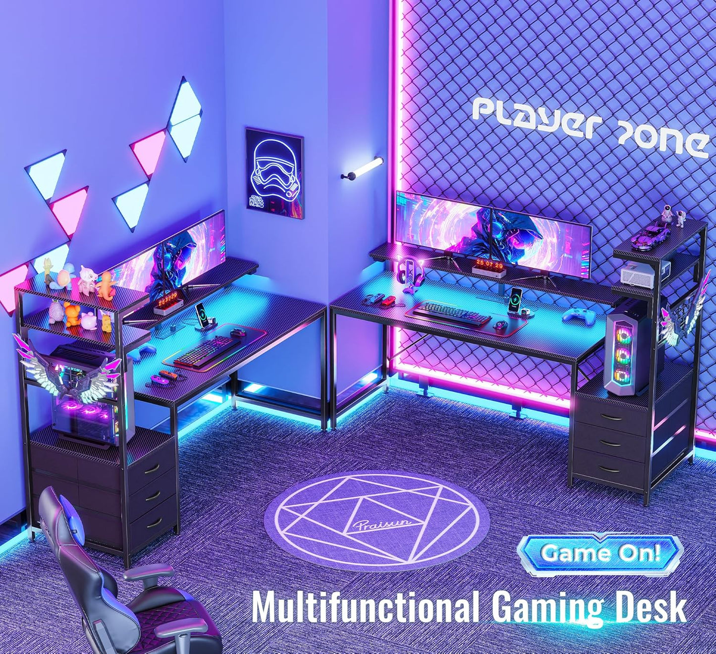 PRAISUN 61.7" Gaming Desk with LED Lights & Outlets, Computer Desk with 3 Fabric Drawers, PC Desk with PC Case Stand & Movable Storage Shelves, Monitor Stand, Reversible, Carbon Fiber Black