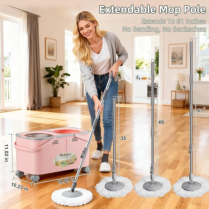 2025 Upgraded Gen 2 Spin Mop and Bucket Set with 4 Swivel Wheels for Easy Rolling, Separates Clean & Dirty Water, Floor Mop with 6 Washable Mop Heads for Wood, Tile, Vinyl, Baseboards - Pink