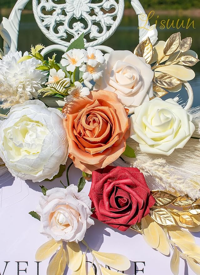 Wedding Arch Flowers, Artificial Floral Decor for Wedding Ceremony & Reception, Standard Size Large Flower Swag Set for Backdrop & Welcome Sign, Pack of 2 (Orange Wine Red Pampas)