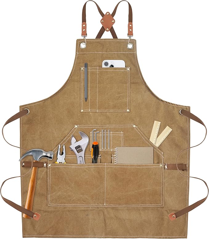 Yxiang Black Handmade Work Apron with 11 Tool Pockets, Heavy Duty Waxed Canvas Workshop Tool Aprons Woodworking Apron