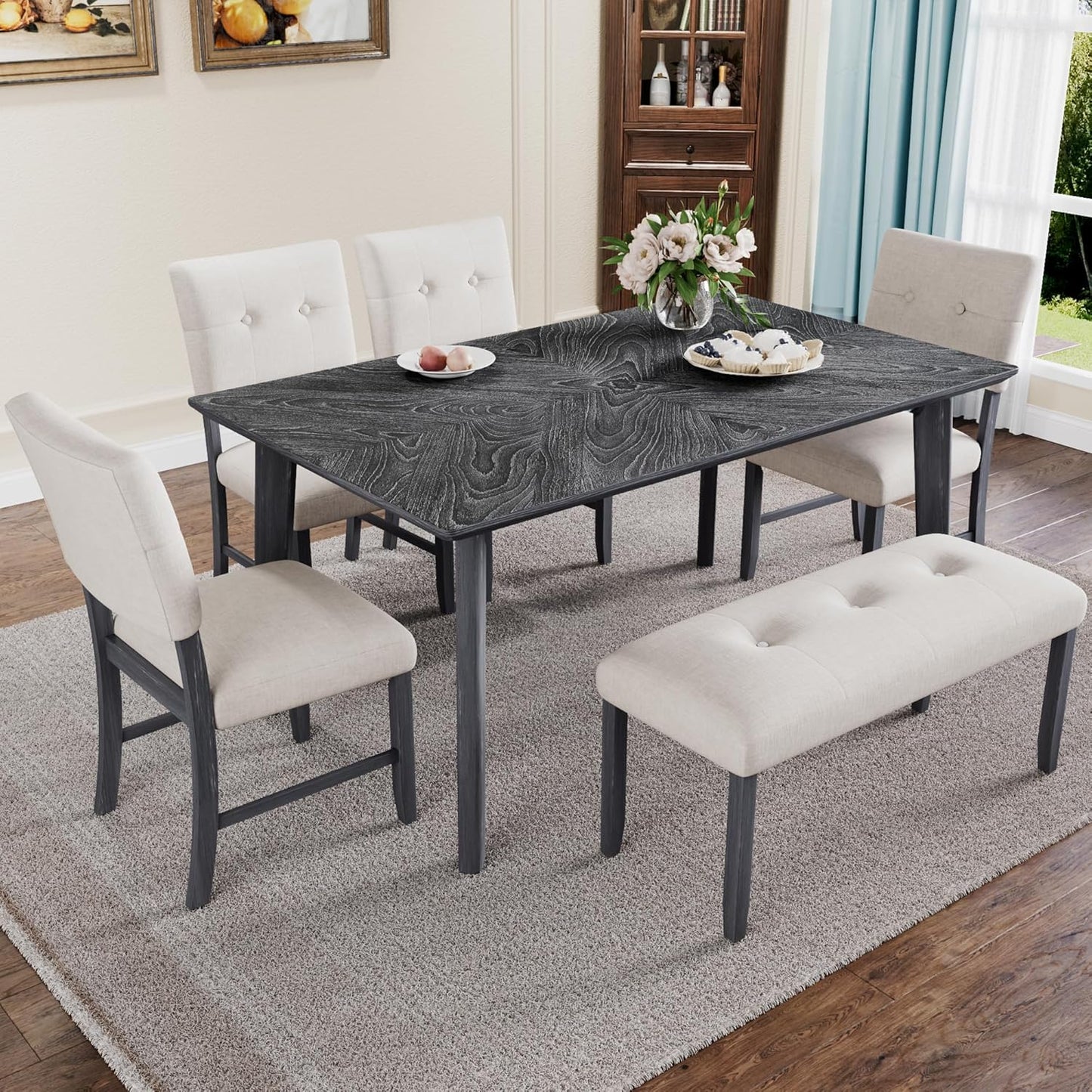 Merax 6 Piece Solid Wood Dining Table Set for 6, Rustic Farmhouse Rectangular with 4 Upholstered Wooden Chairs and 1 Bench, Kitchen Room, Gray