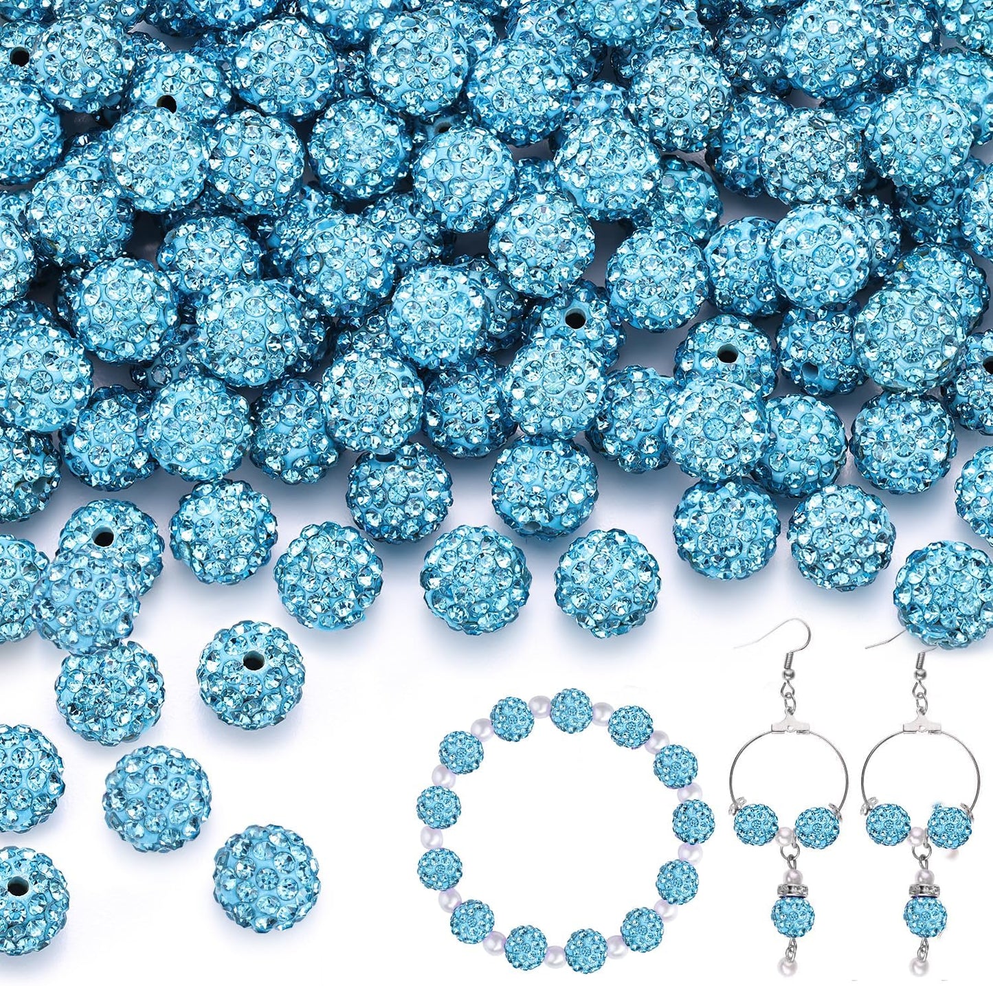 200pcs 10mm Aquamarine Rhinestone Beads for Jewelry Making, Shiny Round Shamballa Disco Ball Beads Bulk, Sparkle Crystal Clay Christmas for Bracelet Baseball Necklace Earring Crafting and DIY