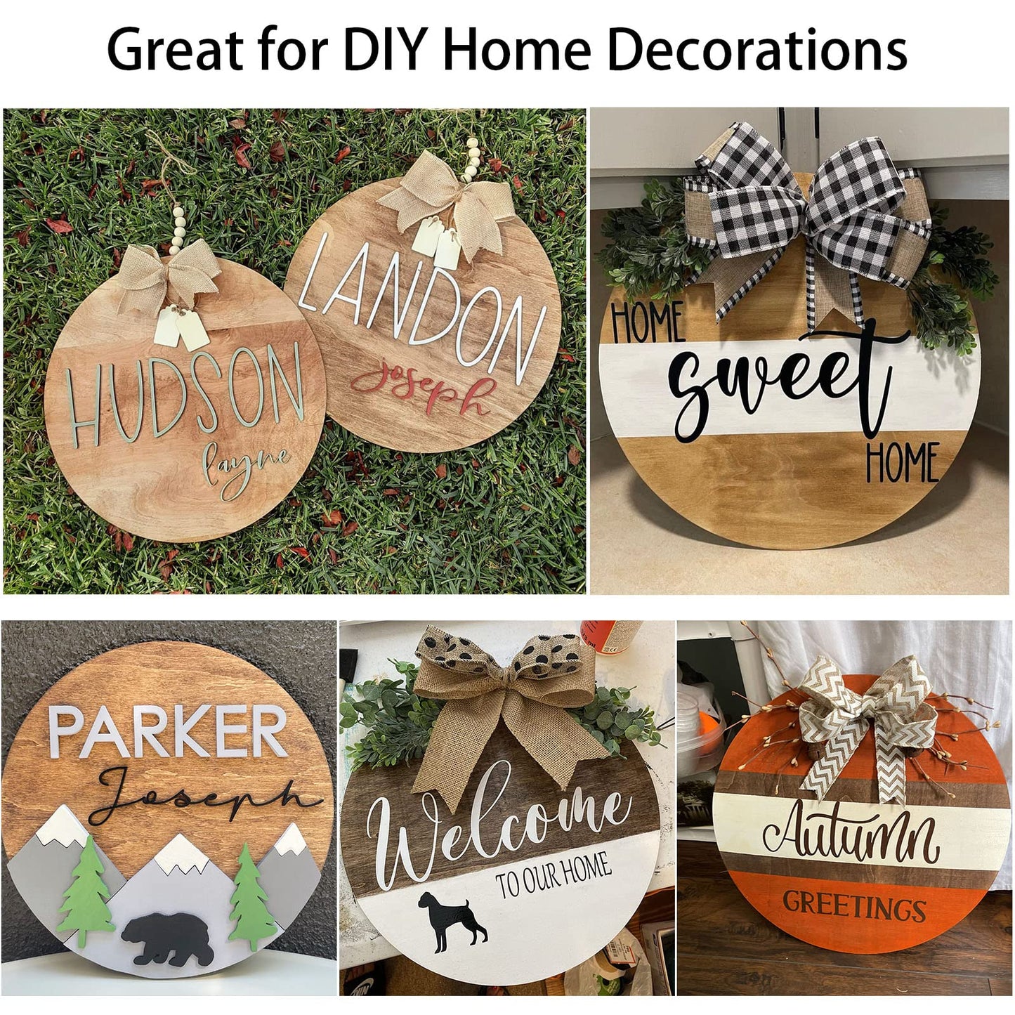 6 Pcs 14 Inch Wood Circles for Crafts Unfinished Wooden Slice Blank Round Wooden Door Hanger Sign Round Wood Discs with Bows,Twine, Glue Point for DIY Craft Christmas Home Holiday Decor,5 mm Thick
