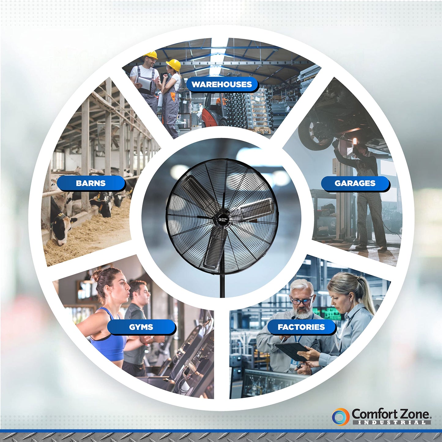 Comfort Zone Industrial Pedestal Fan, 30 Inch, 3 Speed, High Velocity, Adjustable Height 56    To 76   , Metal, Meets Osha Stand